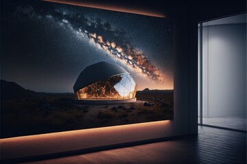  a large picture of a telescope in a room with a wall mounted picture of the milky and a door leading to a room with a large window and a door leading to a large window. generative ai