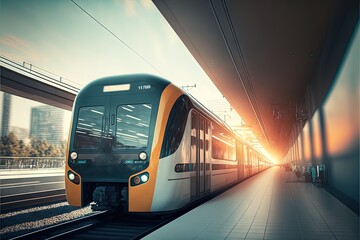  a train is pulling into a train station at sunset time, with the sun shining on the train and the train is pulling into the station and out of the picture, with the train. generative ai