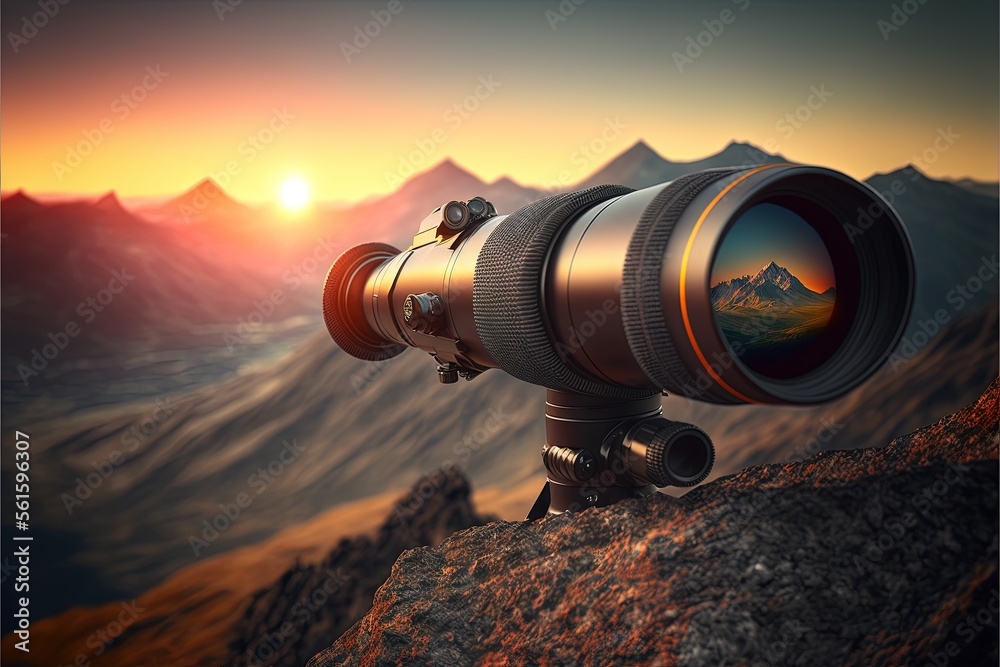 Wall mural  a camera lens on a tripod on a mountain top at sunset with a view of the mountains in the distance behind it, with a bright orange sky and a distant mountain range in the background. generative ai