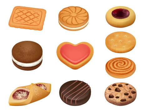 Realistic cookies. Sugar baked desserts decent vector colored templates set isolated