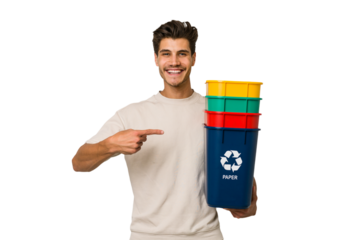 Young caucasian man holding recycling bins isolated on white background