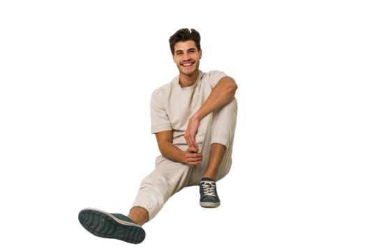 Young caucasian man sitting on the floor isolated on white background