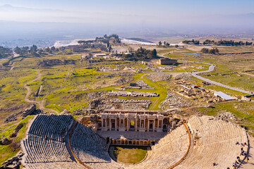 Fototapeta premium Travel Pamukkale Ancient amphitheater Turkey, aerial top view