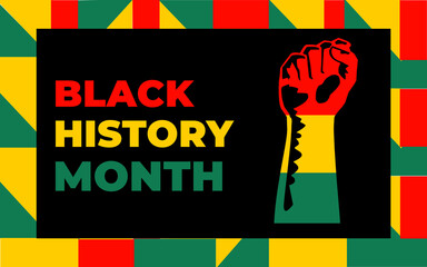 Black history month 2023 Celebration Background.  Black History Month text with human Fist and Seamless Pattern. Celebrated annually in February in the USA and Canada.