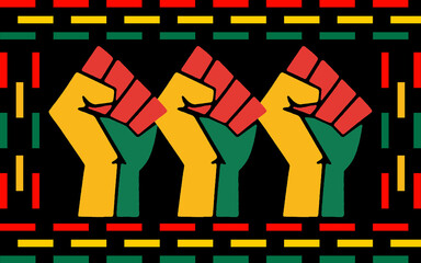 Black history month 2023 Celebration Background.  Black History Month text with human Fist and Seamless Pattern. Celebrated annually in February in the USA and Canada.