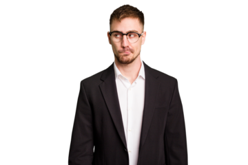 Young caucasian business man cutout isolated confused, feels doubtful and unsure.