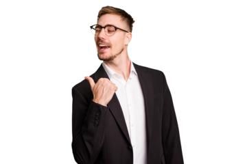 Young caucasian business man cutout isolated points with thumb finger away, laughing and carefree.