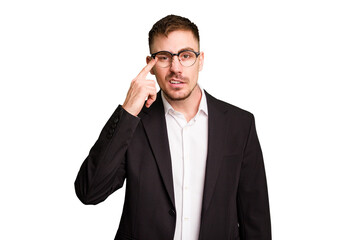 Young caucasian business man cutout isolated showing a disappointment gesture with forefinger.