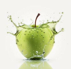 Grüner frischer Apfel mit Spritzer auf weißem Hintergrund, Generative AI © Jennifer