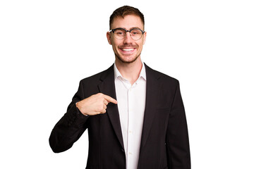 Young caucasian business man cutout isolated person pointing by hand to a shirt copy space, proud and confident