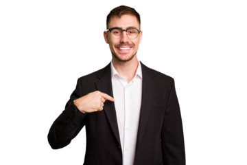 Young caucasian business man cutout isolated person pointing by hand to a shirt copy space, proud and confident