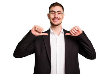 Young caucasian business man cutout isolated feels proud and self confident, example to follow.