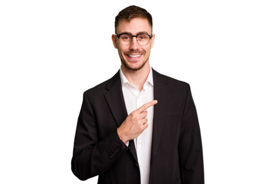 Young caucasian business man cutout isolated smiling and pointing aside, showing something at blank space.