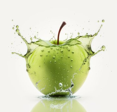 Grüner frischer Apfel mit Spritzer auf weißem Hintergrund, Generative AI 