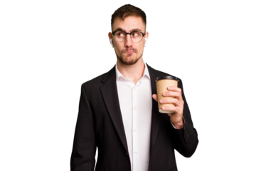 Young business caucasian man drinking a coffee isolated cutout confused, feels doubtful and unsure.