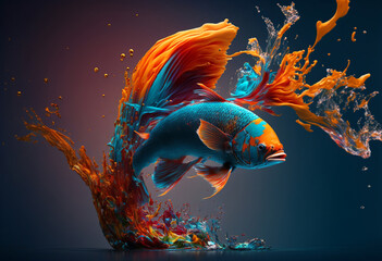 Abstract color paint splash tropical fish, creative background, Generative ai.
