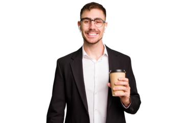 Young business caucasian man drinking a coffee isolated cutout happy, smiling and cheerful.