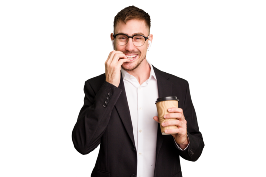 Young business caucasian man drinking a coffee isolated cutout biting fingernails, nervous and very anxious.