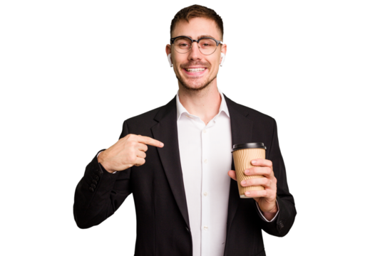 Young business caucasian man drinking a coffee isolated cutout person pointing by hand to a shirt copy space, proud and confident