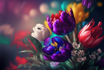 Obraz na płótnie Canvas illustration of beautiful wild flowers bouquet with blur background, generative ai