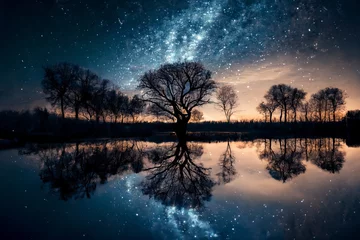 Foto op Plexiglas starry sky, with trees Silhouette in the horizon © Misho