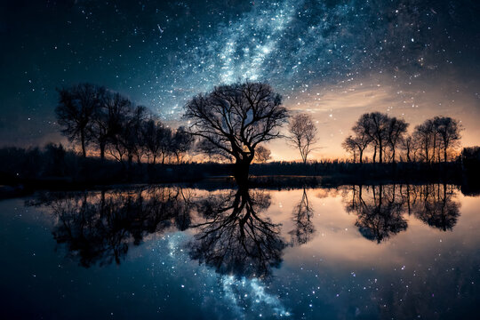 starry sky, with trees Silhouette in the horizon