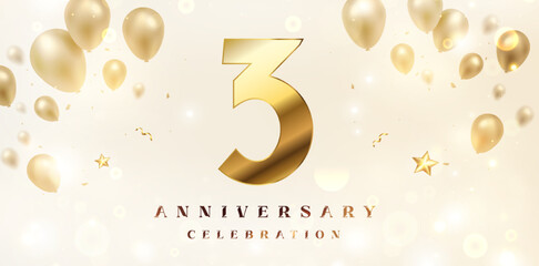 3rd Anniversary celebration background. 3D Golden numbers with bent ribbon, confetti and balloons. - obrazy, fototapety, plakaty
