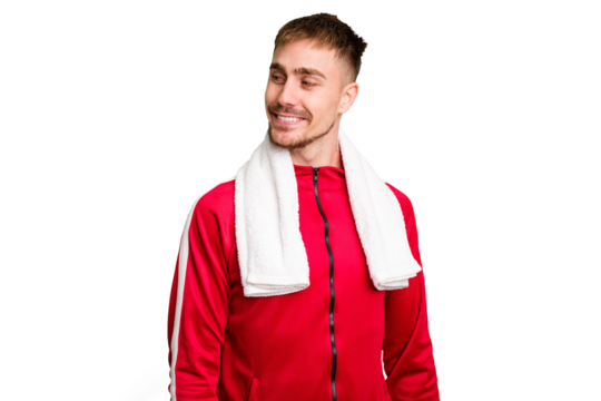 looks aside smiling, cheerful and pleasant.