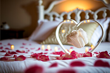 Romantic bed with rose petals