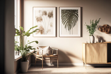 poster frames in a room with a neutral, light colored wall that receives sunlight, wooden furniture, a tropical plant, and palm leaves. Generative AI