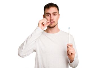 Young caucasian man holding an electric toothbrush isolated cut out with fingers on lips keeping a secret.