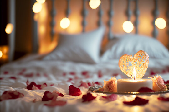 Romantic bed with heart and candle
