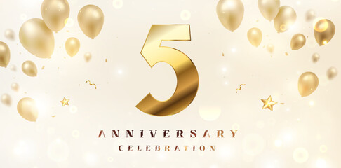 Fototapeta na wymiar 5th Anniversary celebration background. 3D Golden numbers with bent ribbon, confetti and balloons.