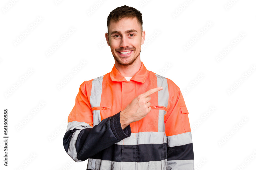 Wall mural Garbage man cut out isolated smiling and pointing aside, showing something at blank space.