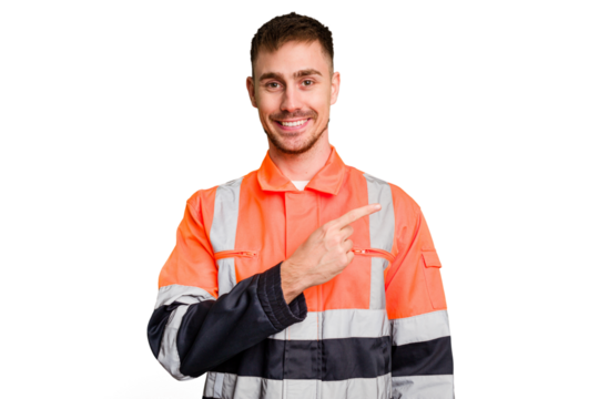 Garbage man cut out isolated smiling and pointing aside, showing something at blank space.