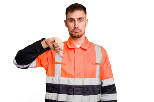 Garbage man cut out isolated showing a dislike gesture, thumbs down. Disagreement concept.