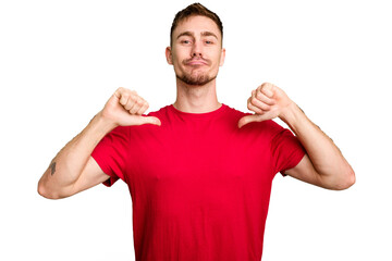 Fototapeta premium Young caucasian man cut out isolated feels proud and self confident, example to follow.