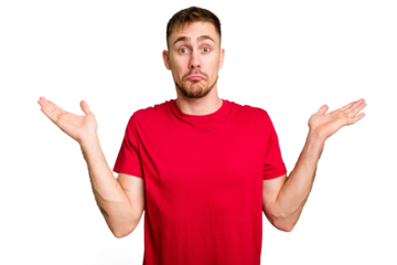Young caucasian man cut out isolated doubting and shrugging shoulders in questioning gesture.