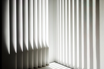 The window's natural light is blocked by a line of white vertical blinds. vertical window blinds up close. Generative AI