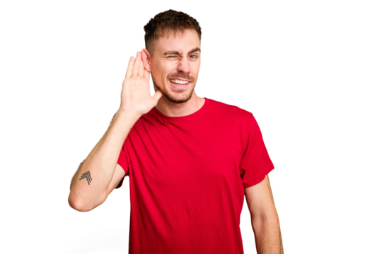 Young caucasian man cut out isolated trying to listening a gossip.