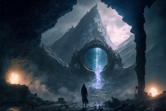 Person in front of a portal - Fictitious Generated by Generative Ai
