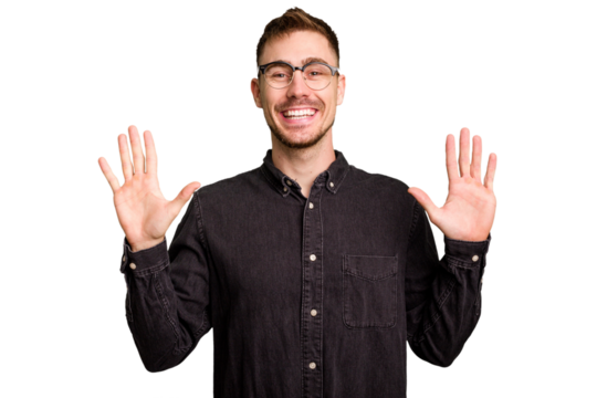 Young caucasian man cut out isolated showing number ten with hands.
