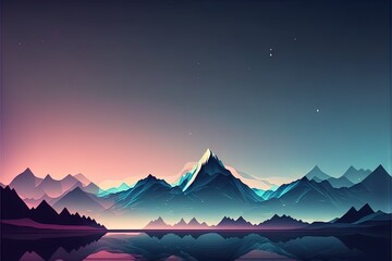  a mountain landscape with a lake and mountains in the background at night time with stars and a moon in the sky above the mountains and a lake below it is a reflection of water below. generative ai