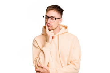 Young caucasian man cut out isolated looking sideways with doubtful and skeptical expression.