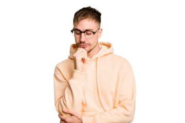 Young caucasian man cut out isolated looking sideways with doubtful and skeptical expression.