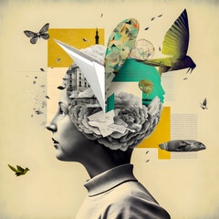 Brainstorm whit new creative ideas, art collage illustration Generative AI - obrazy, fototapety, plakaty