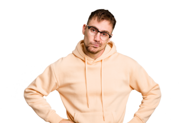 Young caucasian man cut out isolated confused, feels doubtful and unsure.