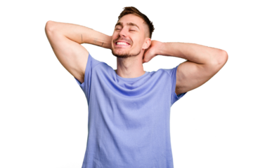 Young caucasian man cut out isolated feeling confident, with hands behind the head.