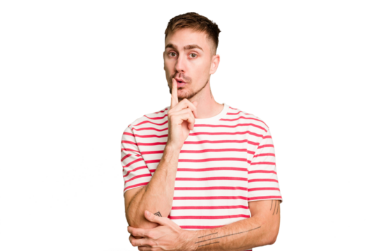 Young caucasian man cut out isolated looking sideways with doubtful and skeptical expression.