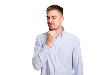 Young caucasian man cut out isolated suffers pain in throat due a virus or infection.